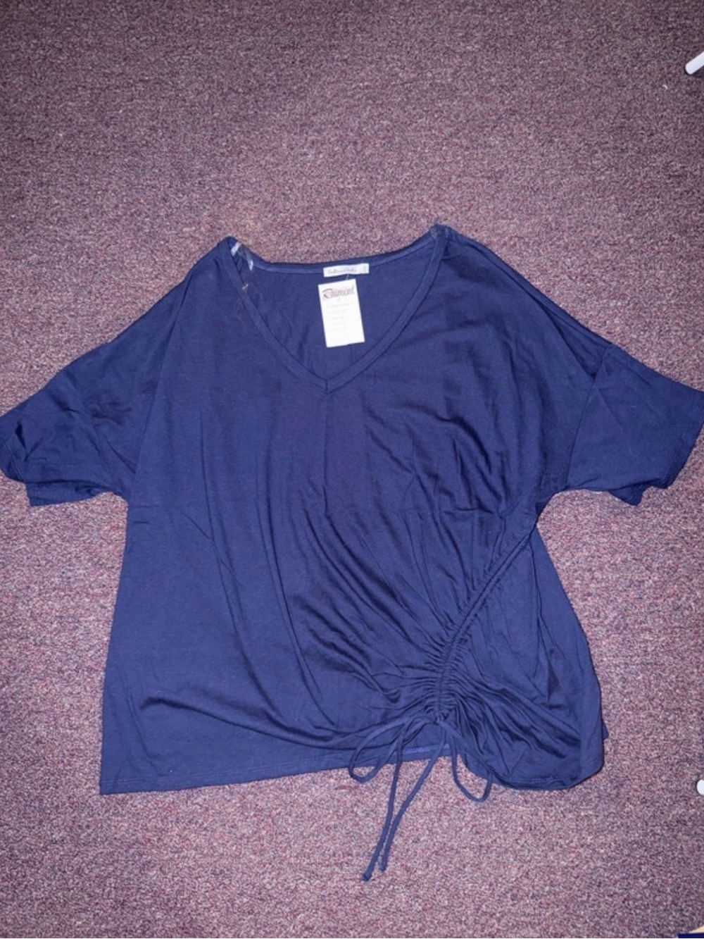 Women's Navy V-Neck Short Sleeve Top with Side Drawstring